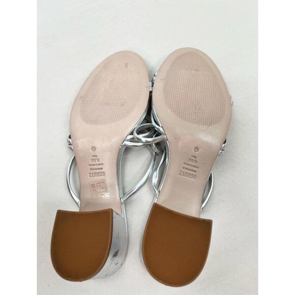 Schutz Silver Strappy Design Block Heel Open Toe Sandal Leather Womens Size 8.5B - Picture 9 of 13